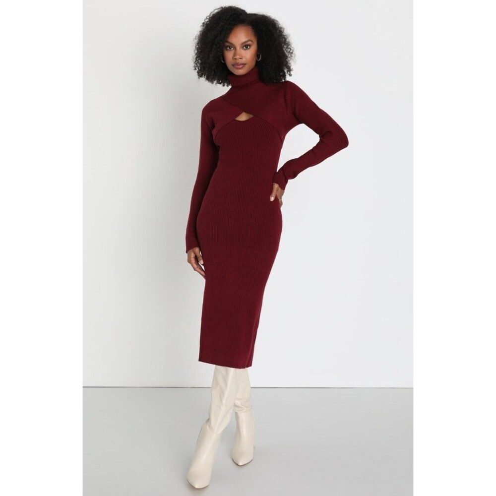 Lulus Spectacular Season Burgundy Two-piece Sweater Dress & Shrug Set Red